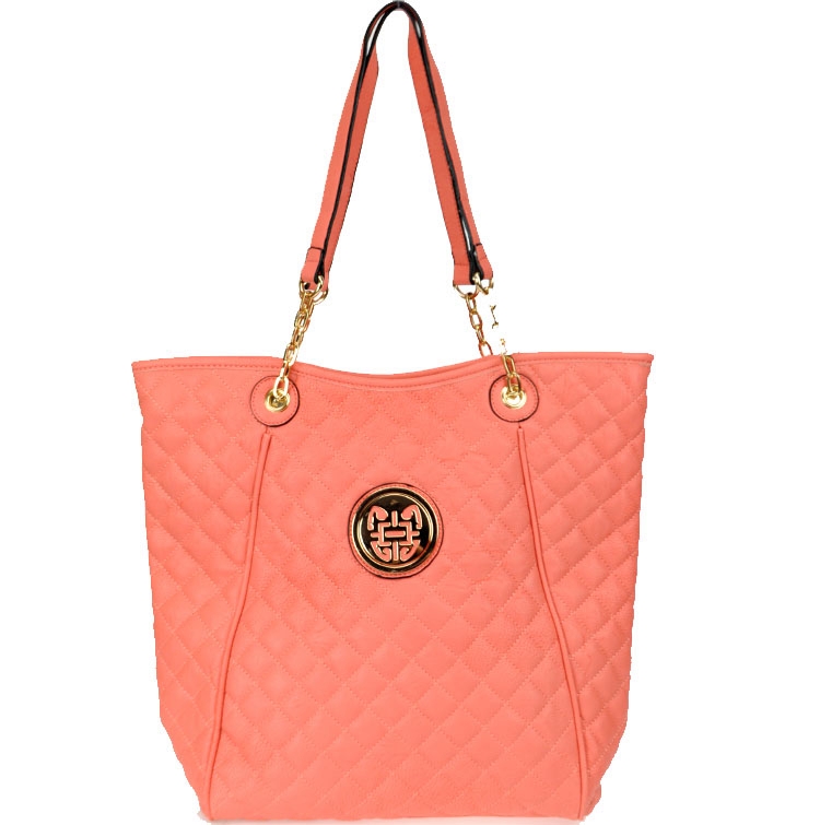 Quilted Faux Leather Tote Bag with Gold-tone Charm - Peach