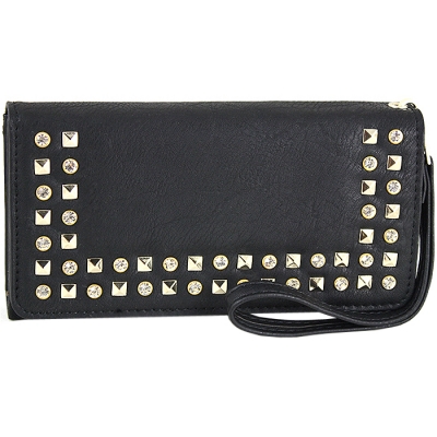 Rhinestone Trifold Accent Wallet with Wristlet - Black