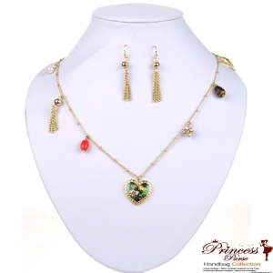 Fashionable Necklace w/ Heart Pendant and Hanging Earrings