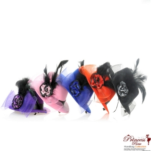 12 Assorted Color Small Hair Clip Hat w/ Flower And Feather Accent