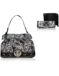 Combo Elegant Signature Paisley HandBag w/ Dangling Fleur de Lys Logo And Same Style Wallet