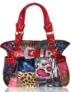 Designer Inspired Animal Print Patch Work Handbag w/ Rhinestone Belt Emblem in Front
