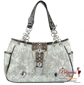 Fabulous Western Designer Inspired Hand Bag w/ Rhinestone and Stud Decor and a Flip-Over Buckle Closure