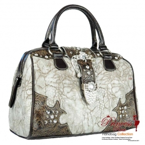 New Western Inspired Leatherette HandBag w/ Flip-over Buckle Closure in Rhinestone and Stud Decor