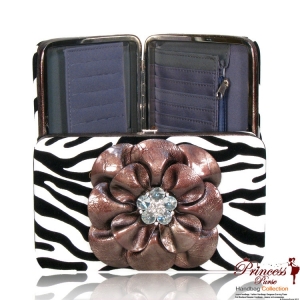 Designer Inspired Zebra Print Wallet w/ Rhinestone Flower Accent