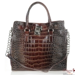 Designer Inspired Crocodile Skin Handbag w/ Silver Tone Lock Accent