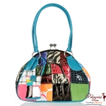 Animal Skin Patchwork Handbag w/ Front Kiss Pocket