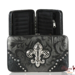 Designer Inspired Leatherette Wallet w/ Rhinestone Fleur De Ly's Accent