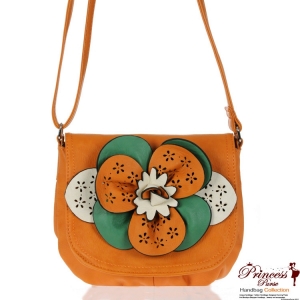 Designer Inspired Cross Body Messenger Bag w/ Multi Color Flower Emblem