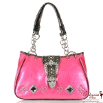Glossy Leatherette Handbag w/ Fold Over Belt And Rhinestone Accent