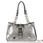 Glossy Leatherette Handbag w/ Fold Over Belt And Rhinestone Accent