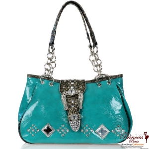 Glossy Leatherette Handbag w/ Fold Over Belt And Rhinestone Accent