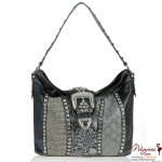 Ostrich Crocodile Skin Handbag w/ Fold over Buckle And Rhinestone Accent