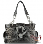 Fabulous Animal Skin Leatherette Hand Bag w/ Flip over Buckle Buckle in Rhine Stone Decor