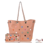 Purse And Wallet Combo. Designer Inspired Handbag w/ Multi Color Studs Accent