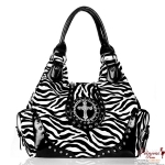 Designer Inspired Zebra Print Handbag w/ Fold Over Cross Accent