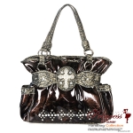 Designer Inspired Glossy Handbag w/ Rhinestone And Cross Emblem