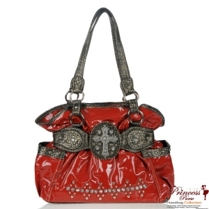 Designer Inspired Glossy Handbag w/ Rhinestone And Cross Emblem