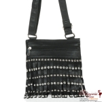 Designer Inspired Messenger Handbag w/ Rhinestone Accent and front Zipper Pocket
