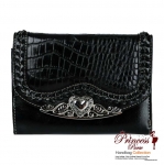 Genuine Leather Tri-Fold Crocodile Skin Patten Wallet w/ Heart Accent. Snap Button Closure