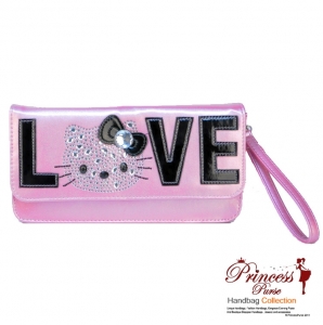 Hello Kitty Original Clutch Handbag w/ Sparkly Pink Sequence Accent And Large Hello Kitty Logo and LOVE wording