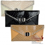 Package! Designer Inspired Two Tone Ostrich HandBag w/ Rhinestone and Stud Decor in 3 Color Package