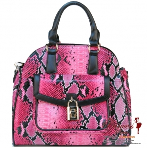 Designer Inspired Snake Skin Leatherette Hand Bag with Locket Accent.