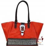 Designer Inspired Two Tone Leatherette Hand Bag with Rhinestone Pattern Decor and Buckle