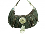 Designer inspired knit bag with rhinestones and frilly centerpiece