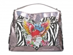 Ed Hardy Inspired Wide Graphic Infused Crocodile and  Zebra Print Tote