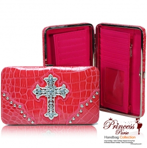 Designer Inspired Croco-Texture Wallet w/ Cross Sign on Front Rhinestone Accent