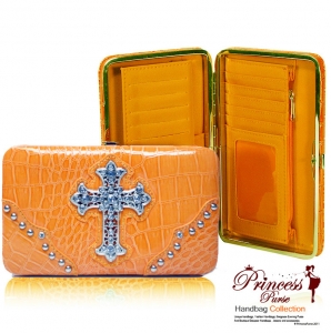 Designer Inspired Croco-Texture Wallet w/ Cross Sign on Front Rhinestone Accent