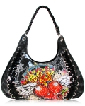 Trendy Tattoo Hobo Handbag w/ Flame Heart Print & Rhinestones Accent