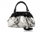 Designer Inspired Small Snakeskin-like East/West Handbag w/ Flower Design on Top