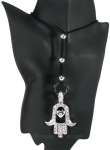 28" Cool Leatherette Black Necklace w/ Silver-toned Rings & Hand Pendant