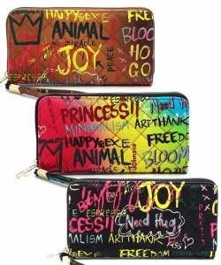 Pack of 6 Pieces Multi Graffiti Quilted Zip Around Wallet Wristlet GP020Q