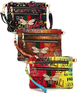 Pack of 6 Pieces Multi Graffiti Queen Bee Stripe Clutch Crossbody Bag Wristlet GP2581B