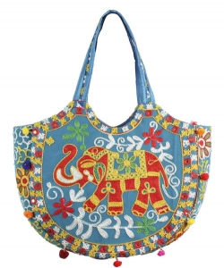 Elephant Pattern Design Round Tote Bag HBG-104198 BLUE