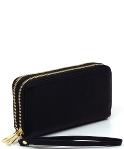 Fashion Double Zip Around Wallet Wristlet WU0012 BLACK