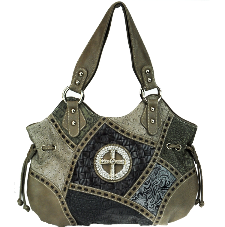 Faux Leather Western Handbag with Croc Skin, Rhinestone, and Cross Charm Decor - Gray: Wholesale ...