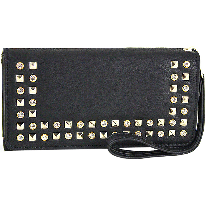 Rhinestone Trifold Accent Wallet with Wristlet - Black: Wholesale ...