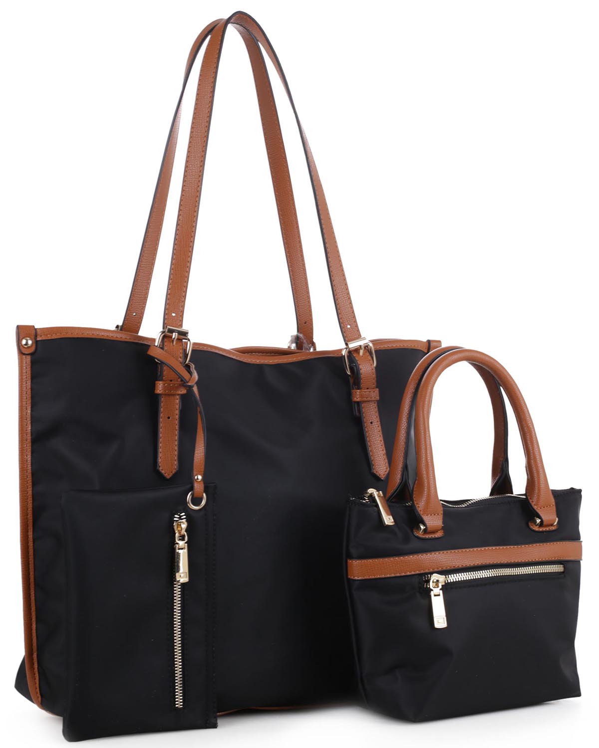 Faux Leather Nylon Tote Handbag with Messager Bag ES3166 BLACK/BROWN