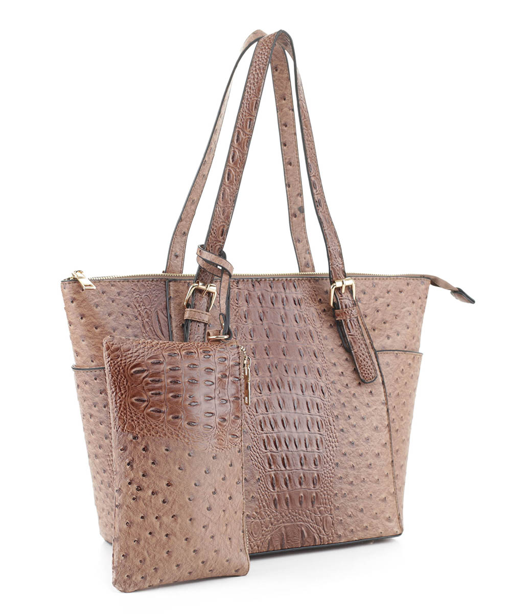 Ostrich Leather Tote Shoulder Bag With Wallet JUS-3908