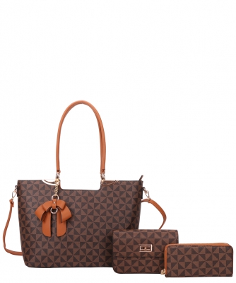 3 in 1 Designer Monogram Flower Tassel Handbag Wallet Set 007-8093W BROWN