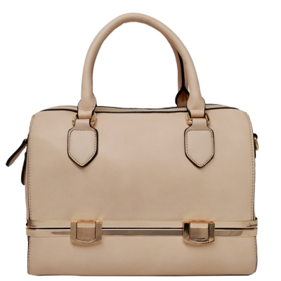 Faux Leather Bottom Compartment Gold Accents Handbag 33537 - Almond