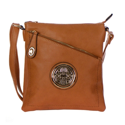 Faux Leather Gold Circle Accent Messenger Bag 34799 - Brown