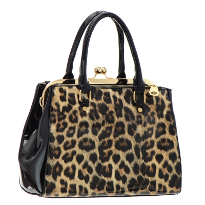 Leopard Print Patent Leather Handbag 36058 - Black