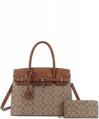 2in1 Monogram Padlock Large Size Satchel Set 8BR-9178W