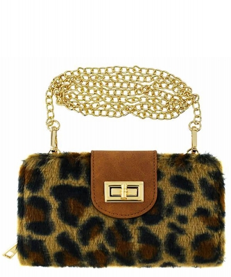 Leopard Fur Turn Lock Crossbody Wallet BP041LF