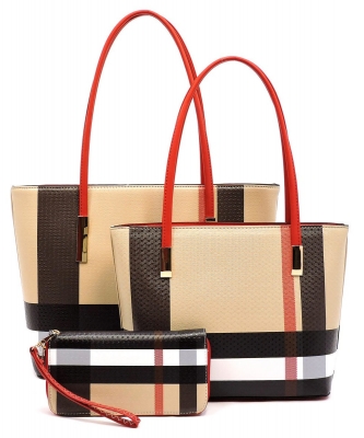 Smooth Textured Modern Check 3 in 1 Fashion Tote Set BT2669